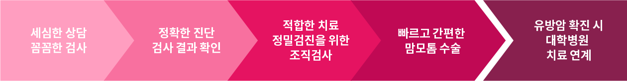 세심한 상담 꼼꼼한 검사,정확한 진단 검사 결과 확인,적합한 치료 정밀검진을 위한 조직검사,빠르고 간편한 맘모톰 수술,유방암 확진 시 대학병원 치료 연계